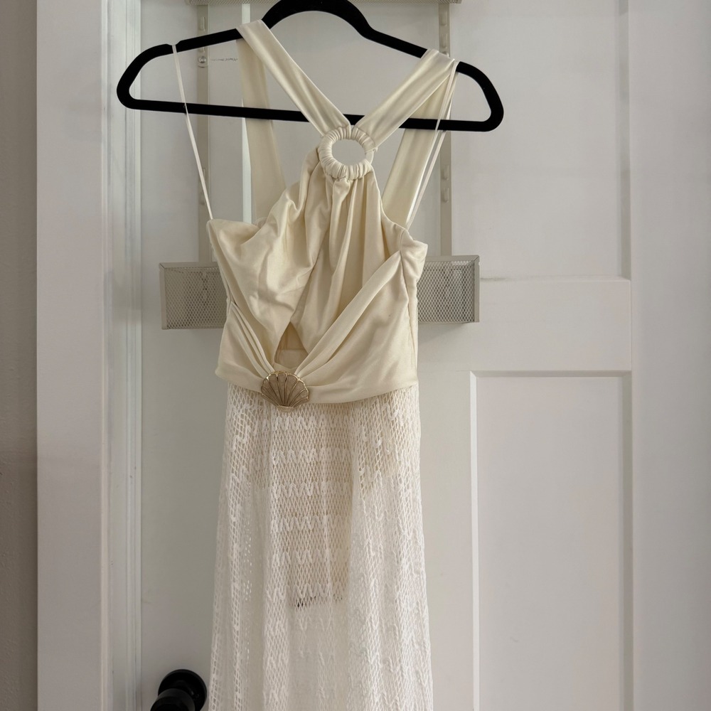 PatBO Asymmetric Netted Beach Dress White Seashell Halter Maxi Coastal Bridal S - Picture 6 of 9
